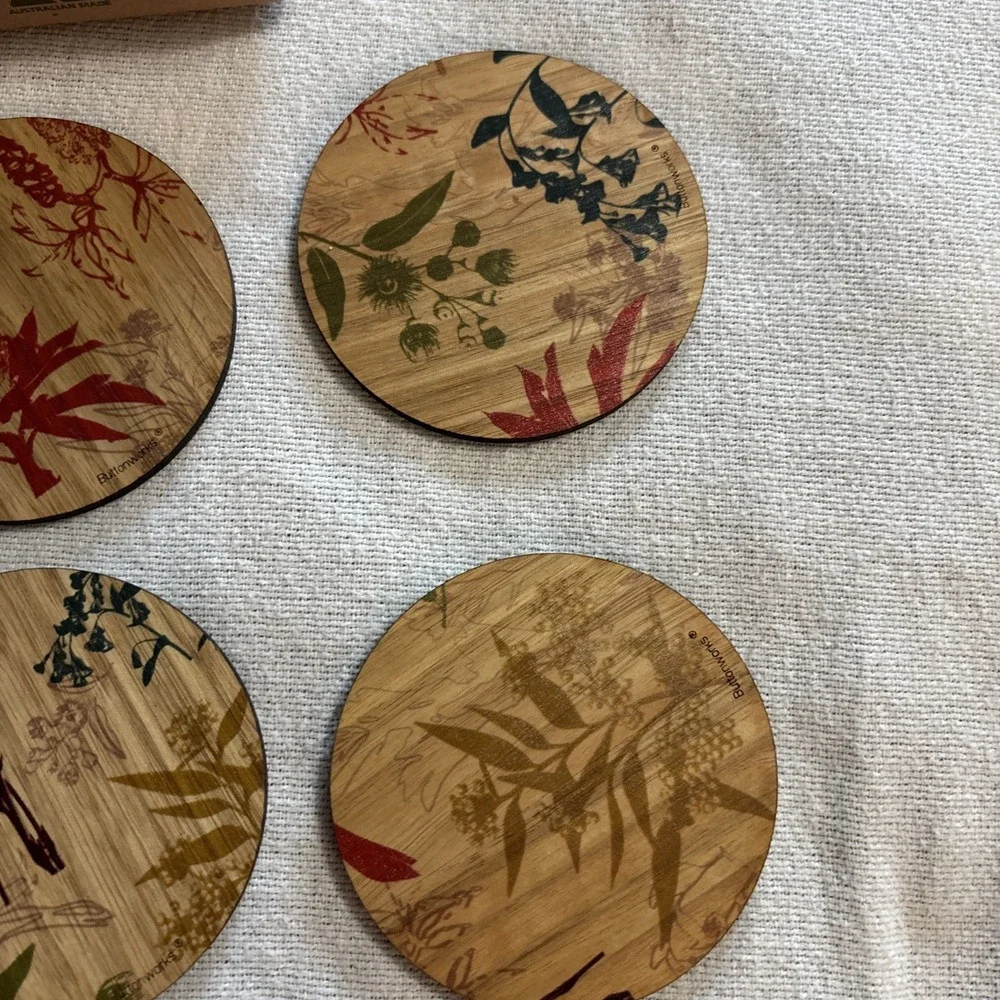 Buttonworks Australia Australian Flora Print Timber Handmade 6 Piece‎ Coasters
